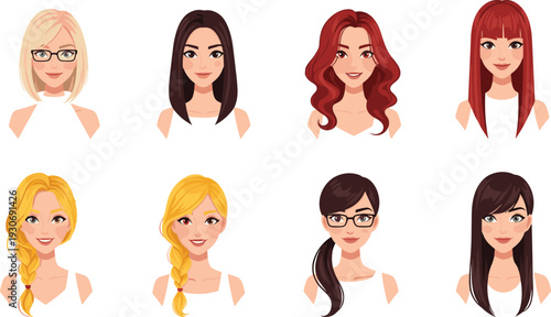 Beautiful Women Avatars Collection with Different Hairstyles and Hair Colors Isolated on White Background Flat Vector Illustration Set