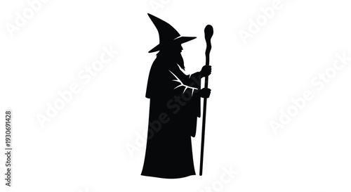 Silhouette of a wizard in a long robe holding a staff mystical figure with a pointed hat on a white background magic and fantasy concept