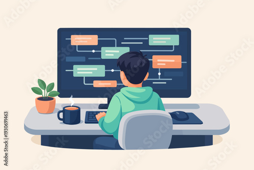 Programmer coding flowchart on a computer screen, developing new software