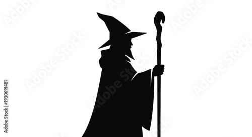 Silhouette of a wizard with a staff standing in profile against a white background magic and fantasy concept
