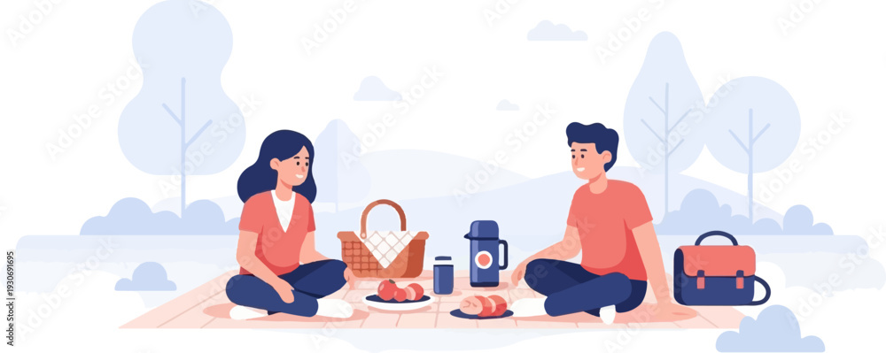 Obraz premium Two people enjoying a picnic outdoors with food and drinks