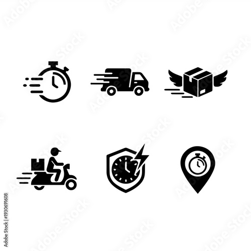 Dynamic vector icon set representing swift delivery, secure shipping, efficient logistics, and precise time management for e-commerce, courier services, and modern business operations