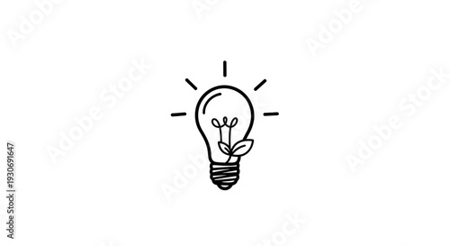Simple Line Art Light Bulb with Sprouting Plant Inside.