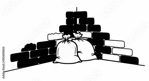 Two overflowing trash bags tucked into a crumbling brick corner