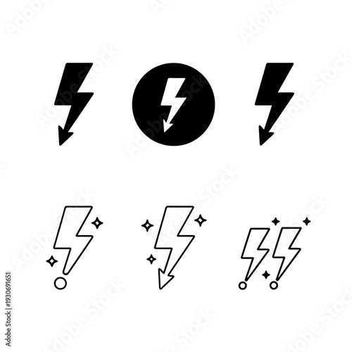 Versatile lightning bolt icon collection, featuring diverse electric flash symbols for power, energy, warning, and modern graphic design concepts across digital platforms