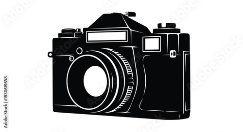 Black and white illustration of a dslr camera with white outlines on a plain background