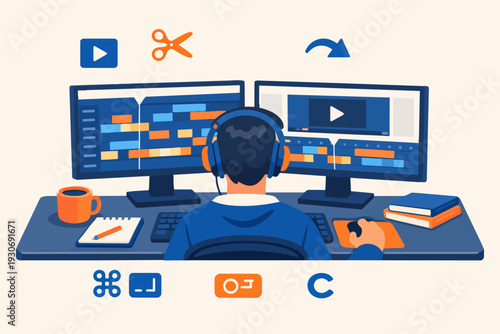 Content creator producing video with editing software on workstation monitors