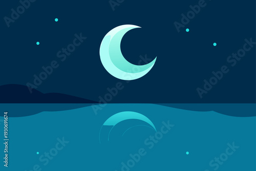 Vector illustration of a crescent moon over water at night