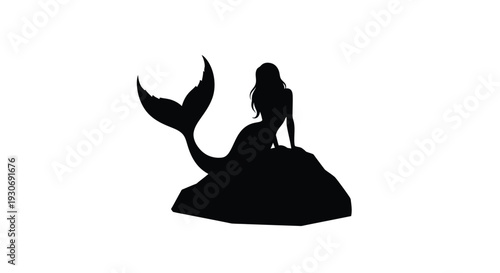 Silhouette of a mermaid sitting on a rock with her tail mythical creature in black shadow on white background fantasy ocean dweller