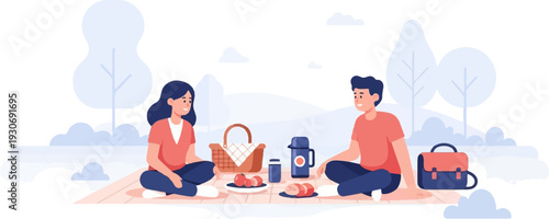 Two people enjoying a picnic outdoors with food and drinks