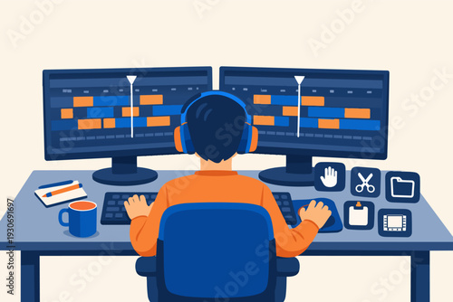 Person editing video on workstation with dual monitors, creating content