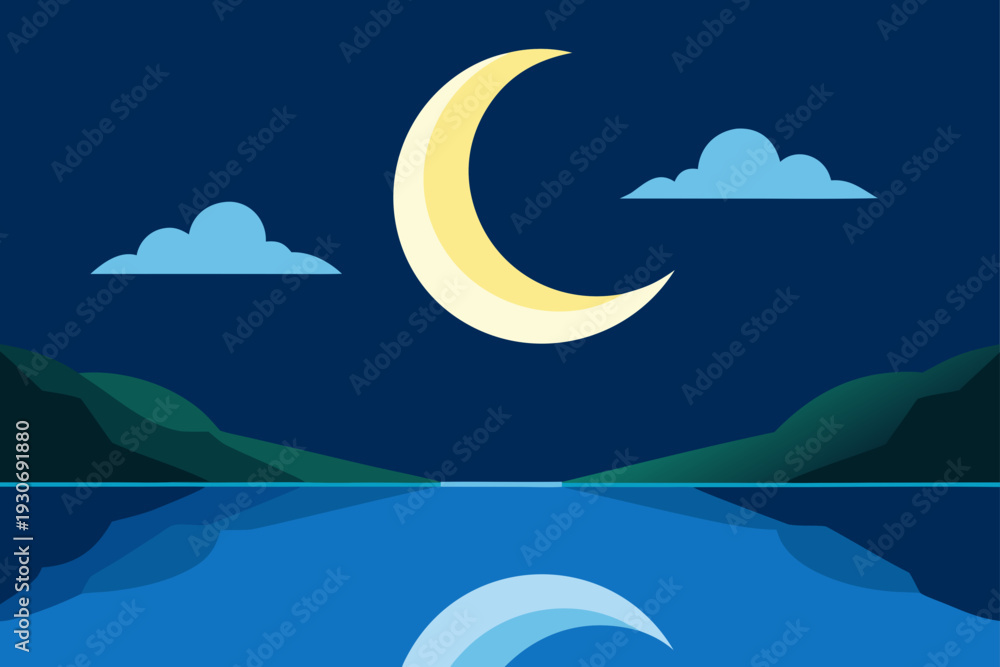 Obraz premium Vector illustration of crescent moon over calm lake at night