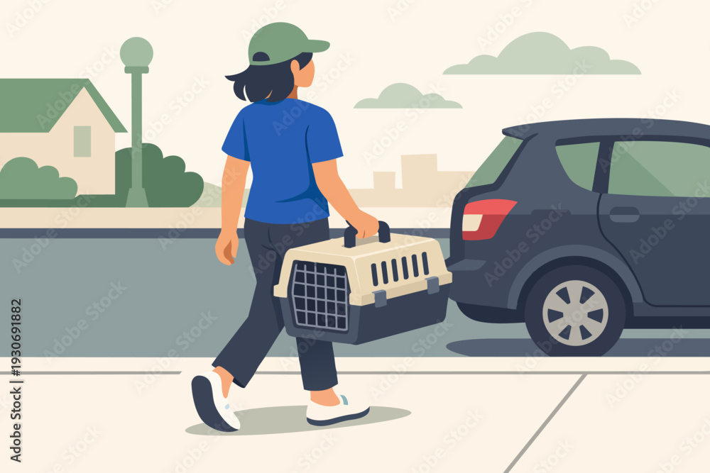 Obraz premium Woman carrying pet carrier to car, providing pet transport for vet visit