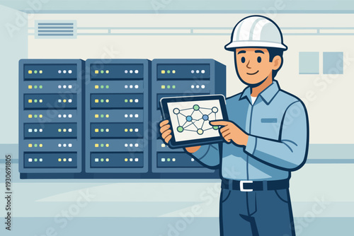 It administrator managing network infrastructure in data center with a digital tablet