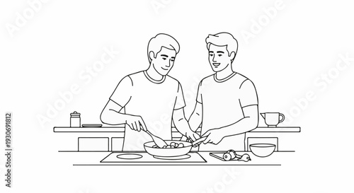 Two people happily cooking together in a kitchen, preparing a meal