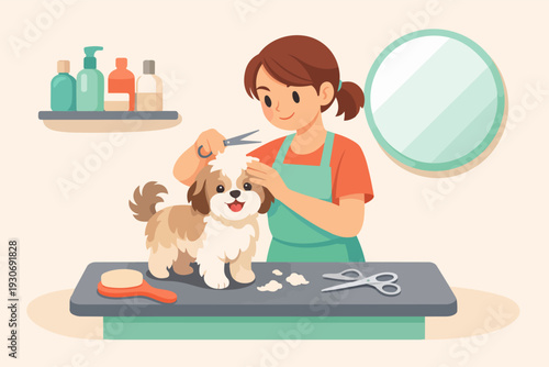 Professional groomer cutting a fluffy small dog's hair at an animal salon
