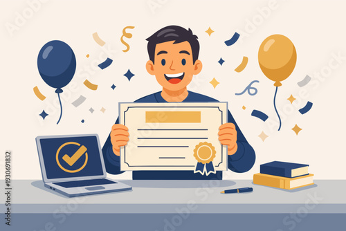 Student cheering and celebrating graduation with diploma during online education