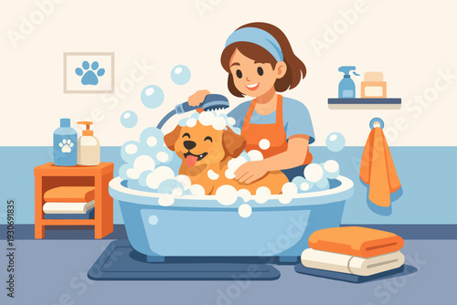 Woman washing happy golden retriever dog in bathtub enjoying a bubbly bath