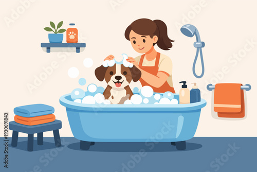 Woman giving a dog a bubble bath, caring for pet hygiene and grooming