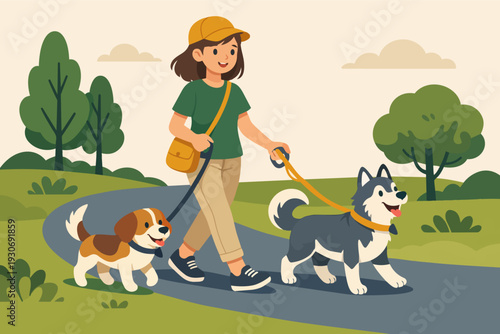 Woman enjoying a walk with her husky and beagle dogs in a green park