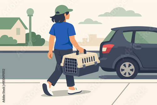 Woman carrying pet carrier to car, providing pet transport for vet visit