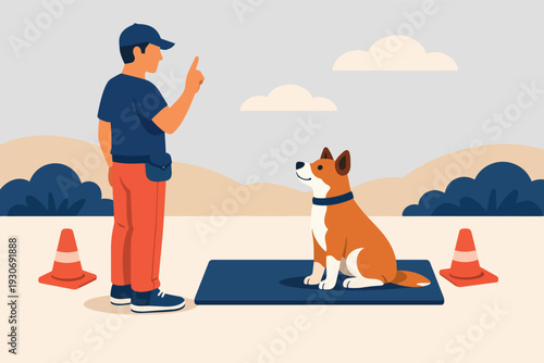 Dog owner training pet canine obedience with hand commands outdoors during lesson
