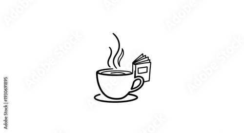 Simple line drawing of a steaming cup of coffee or tea with a sugar packet.