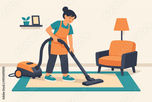 Woman vacuuming rug in living room, performing regular household cleaning chores