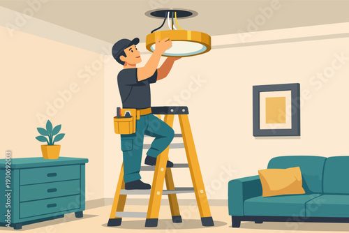 Electrician standing on a ladder, connecting wires for a new light in a modern living room