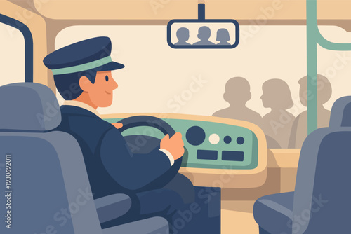 Bus driver operating public transit, transporting passengers, commuting daily