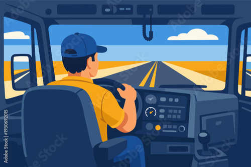 Truck driver inside cabin, navigating a long, open highway on a sunny day