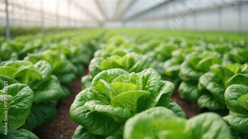 Lush Green Lettuce Growing in a Sunlit Greenhouse Setting with Abundant Plants and Vibrant Greenery