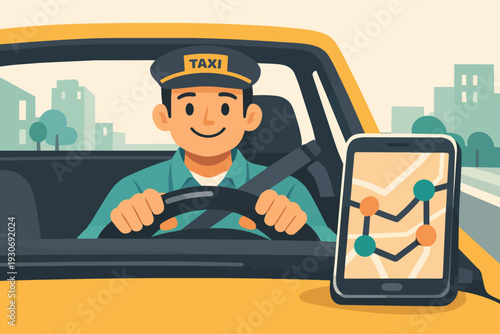 Taxi driver navigating city streets using smartphone app for ride-sharing service