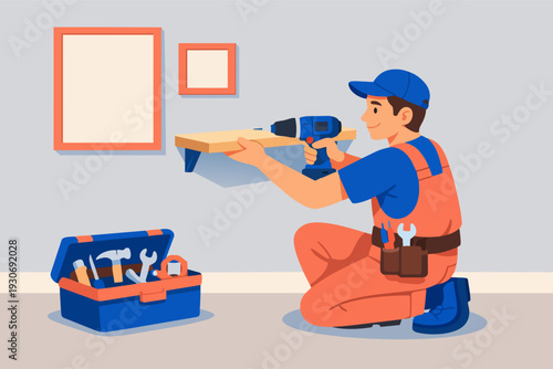 Handyman installing a wall shelf using a drill for home improvement or maintenance service
