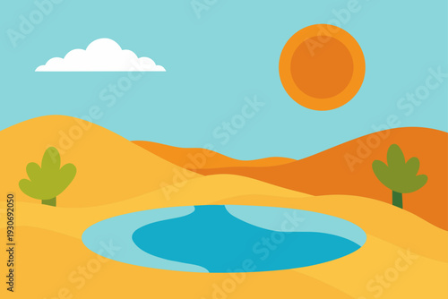 Vector illustration of desert landscape with oasis