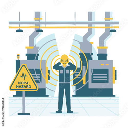 Worker experiencing noise hazard in industrial setting