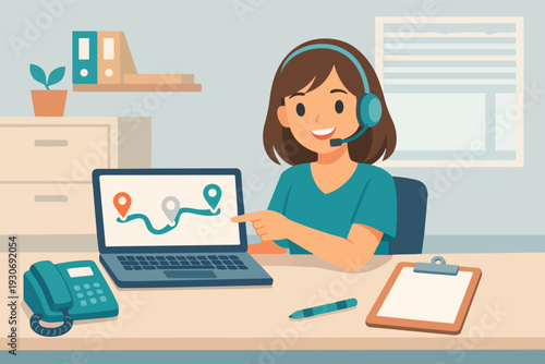 Customer support agent tracking delivery route online with laptop and headset