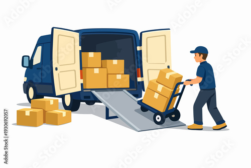 Delivery service worker loading boxes into a blue van with a hand truck