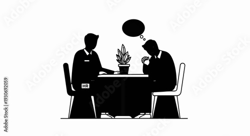 Two people in silhouette sit at a table with a plant, one looks stressed