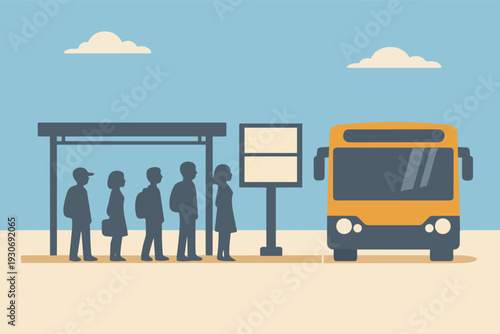 People waiting in line at a bus stop for urban public transportation