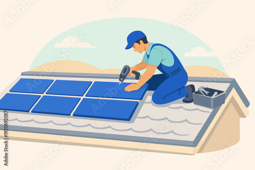 Man installing solar panels on roof, worker using drill for renewable energy solution