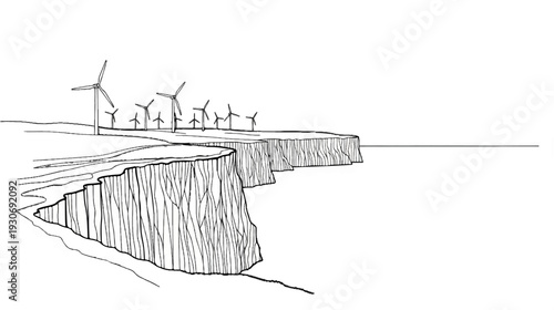 Wind turbines on coastal cliffs overlooking the sea, sketch