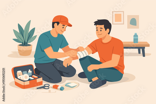 Person providing first aid, bandaging injured arm, showing medical assistance