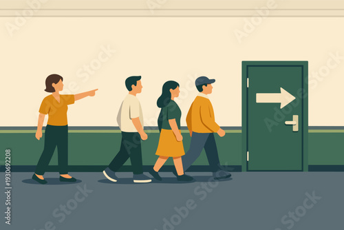 Leader guiding people to an exit door, indicating a new direction or opportunity