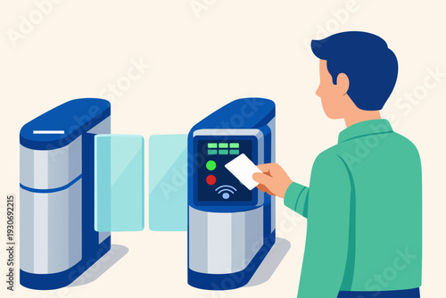 Person scanning contactless card at secure turnstile entry passing access gate