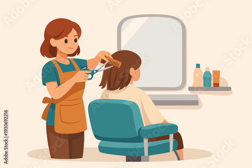 Hairdresser working at a hair salon, cutting client hair with scissors and comb