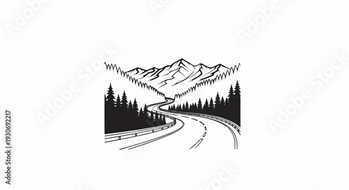 Winding mountain road through pine forest leading to majestic peaks