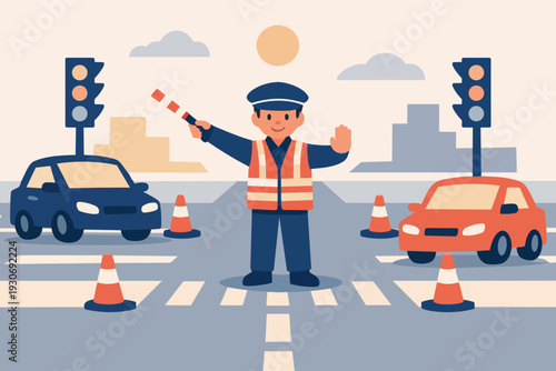 Traffic controller directing vehicles at a busy intersection with safety cones and lights