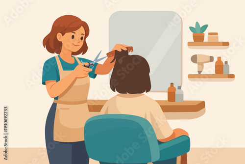 Hairdresser cutting hair of a client in a salon providing beauty services