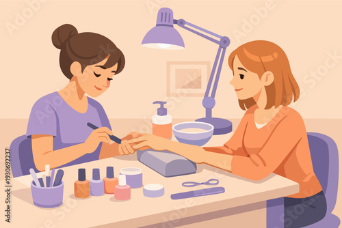 Woman receiving a professional manicure at a nail salon for beauty and self-care